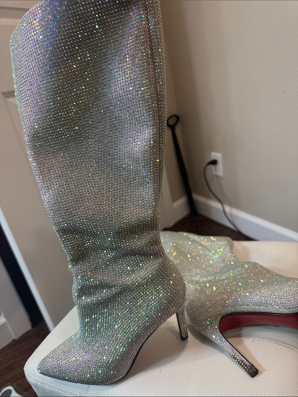 Silver Sparkle Knee-High Stiletto Boots